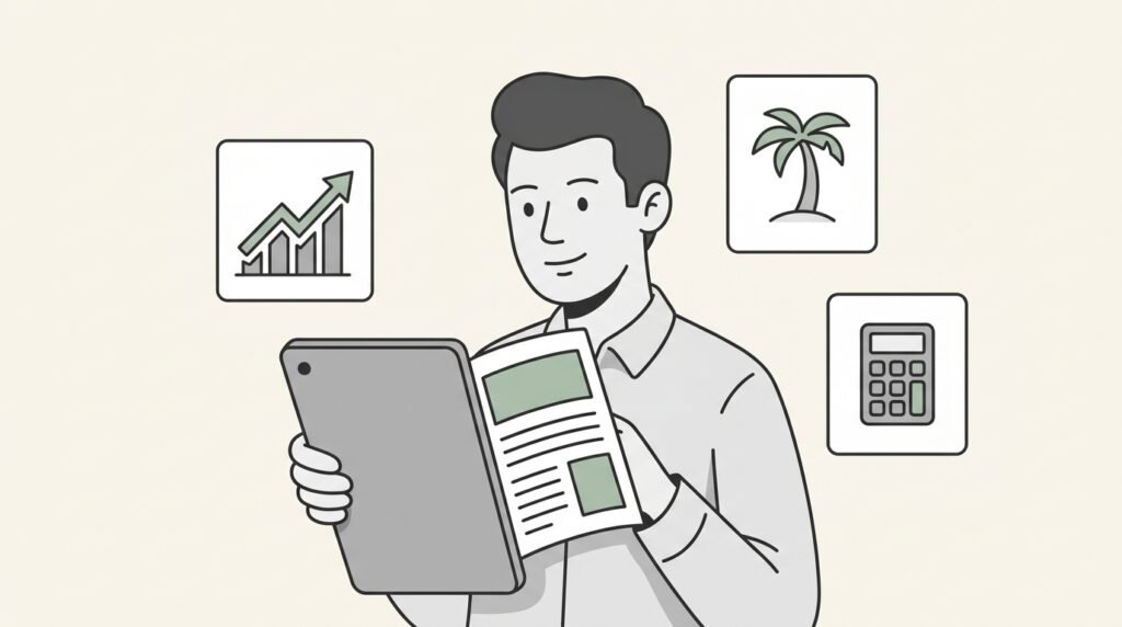 A minimalist illustration of a man holding a tablet and a document, surrounded by icons for growth, travel, and calculations.