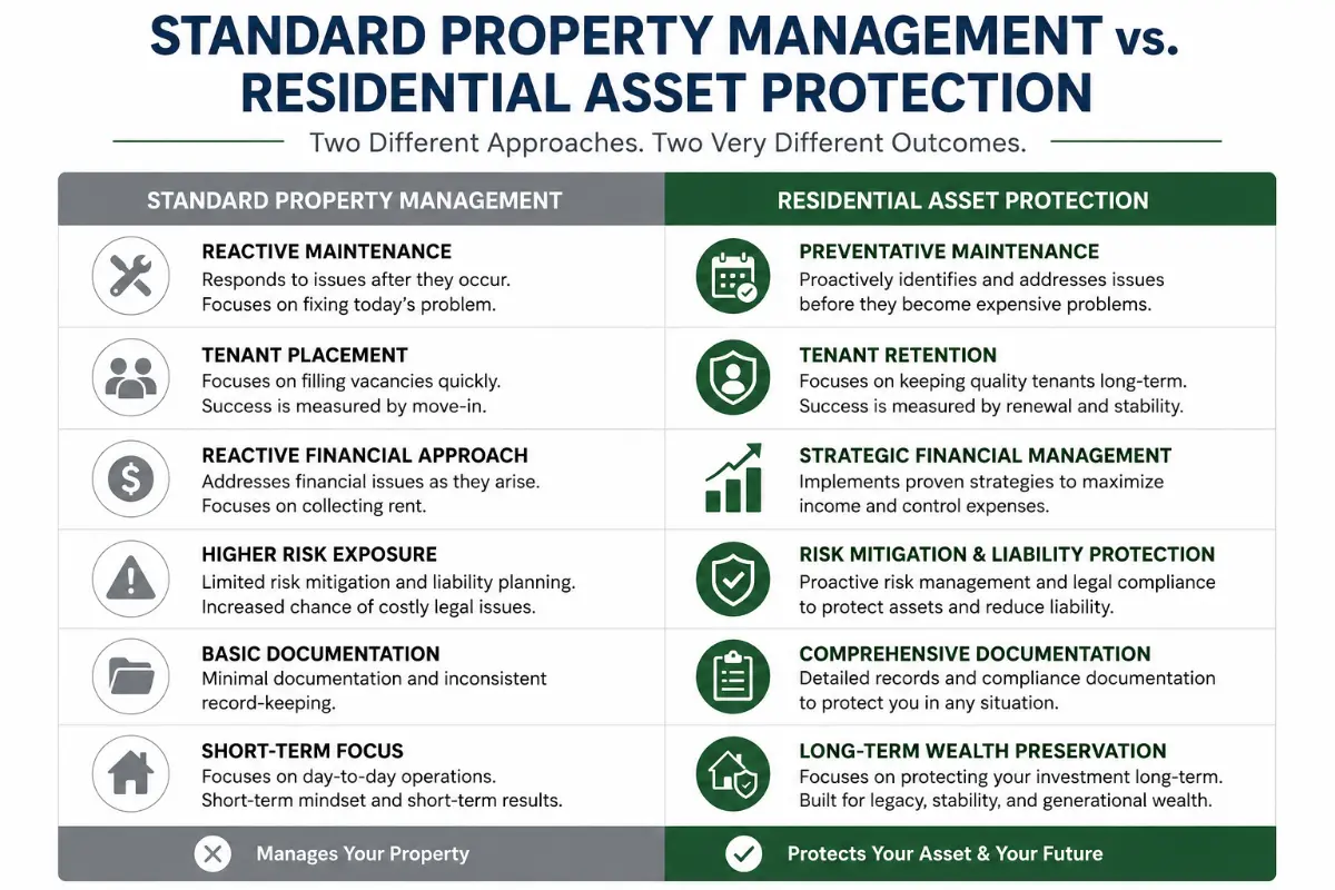 Comparison chart showing standard property management versus residential asset protection services