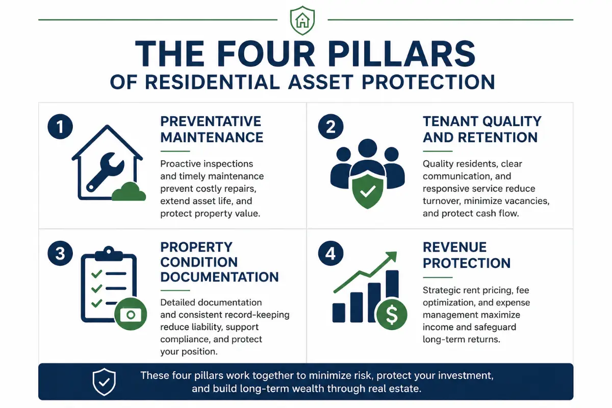 Four pillars of residential asset protection including preventative maintenance, tenant retention, documentation, and revenue protection