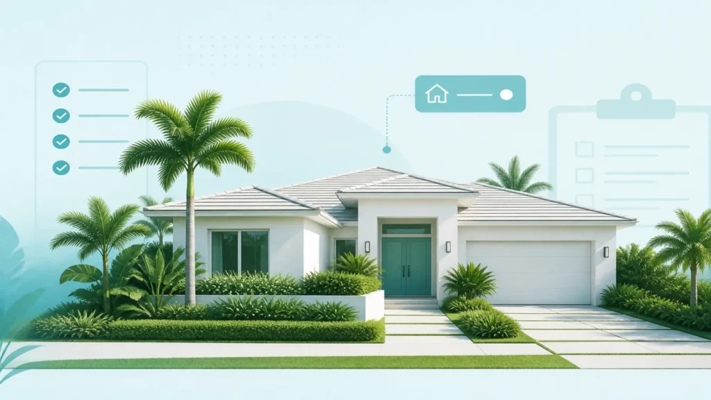 Modern single-story residential home with professional landscaping in Sunny South Florida.