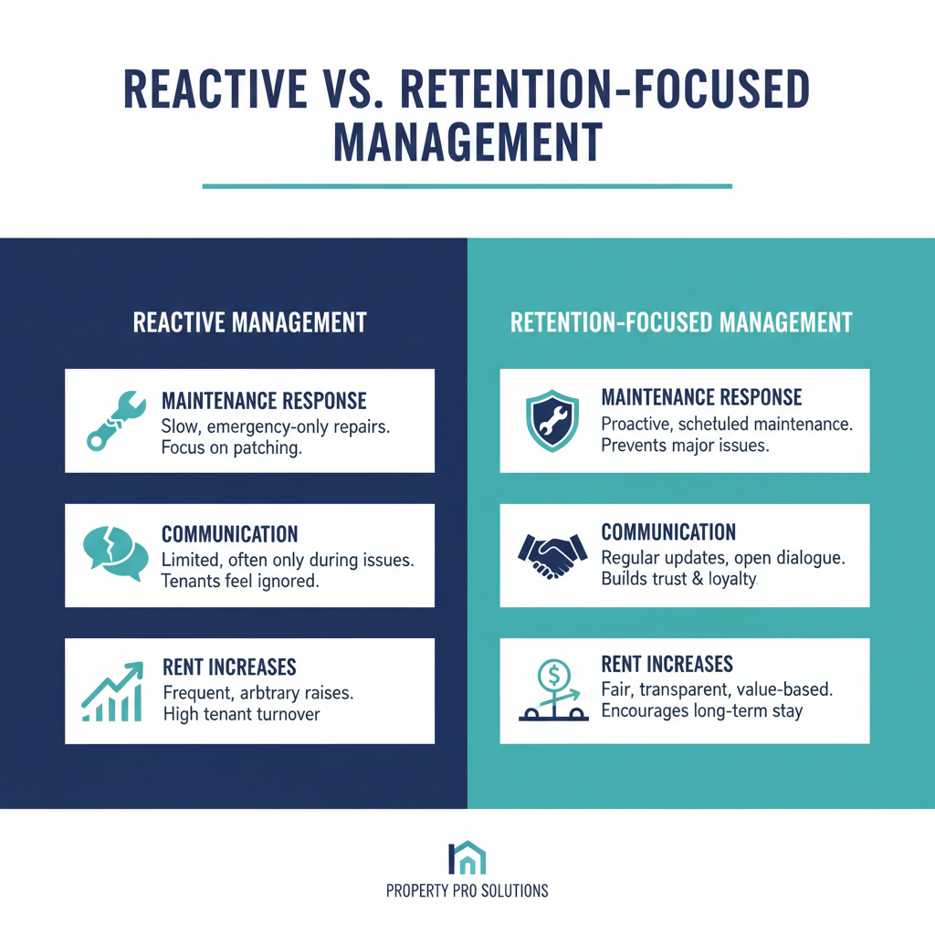 Comparison graphic showing reactive property management versus retention-focused property management across maintenance response, communication, and renewal approach