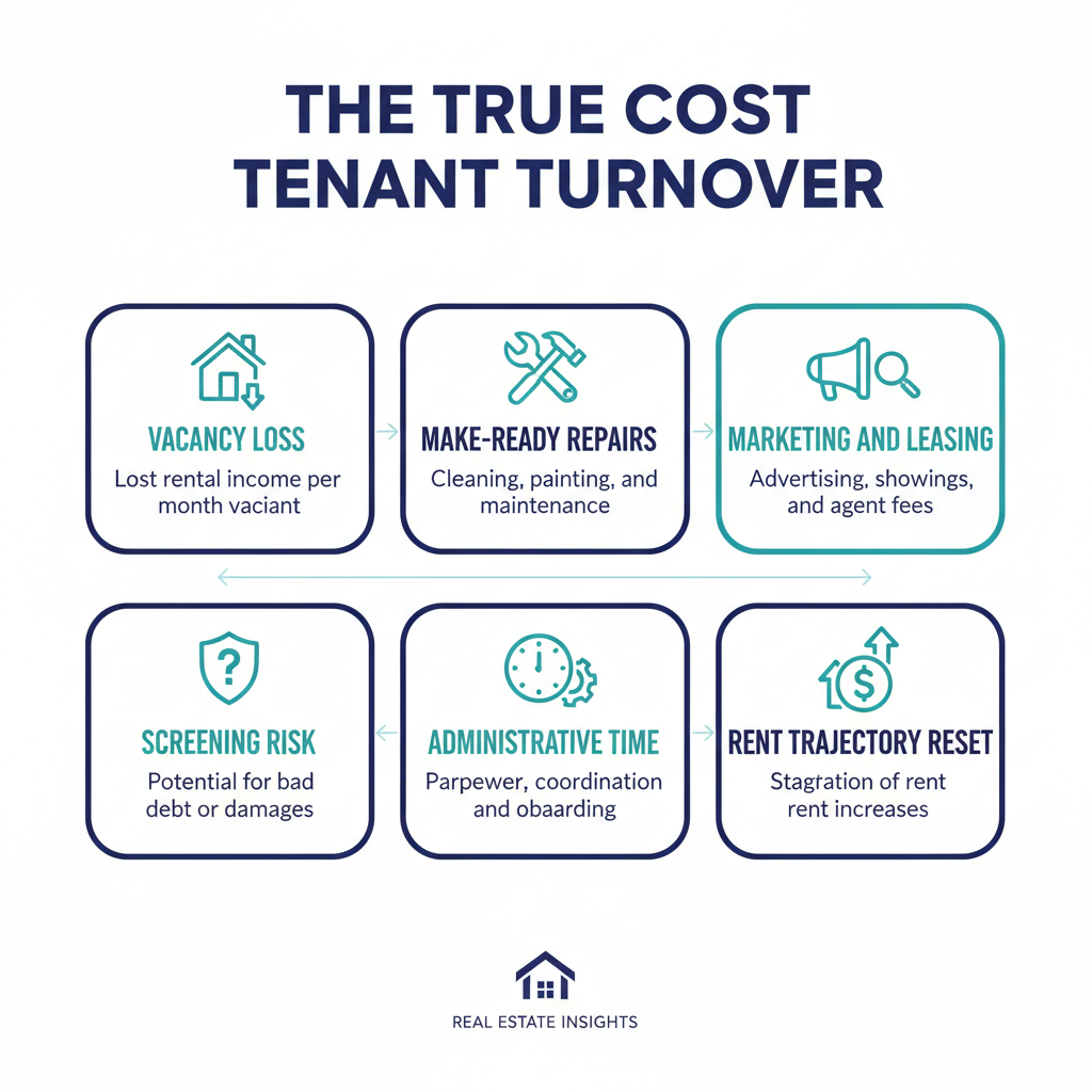 Framework diagram showing the six cost components of tenant turnover: vacancy loss, make-ready repairs, marketing, screening risk, administrative time, and rent trajectory reset