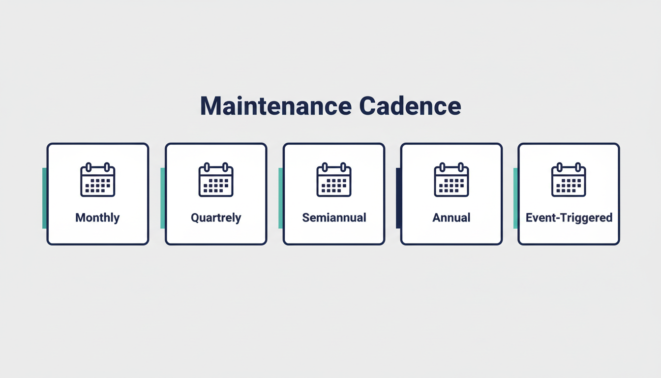 Portfolio maintenance cadence separating monthly, quarterly, semiannual, annual, and event-triggered property oversight