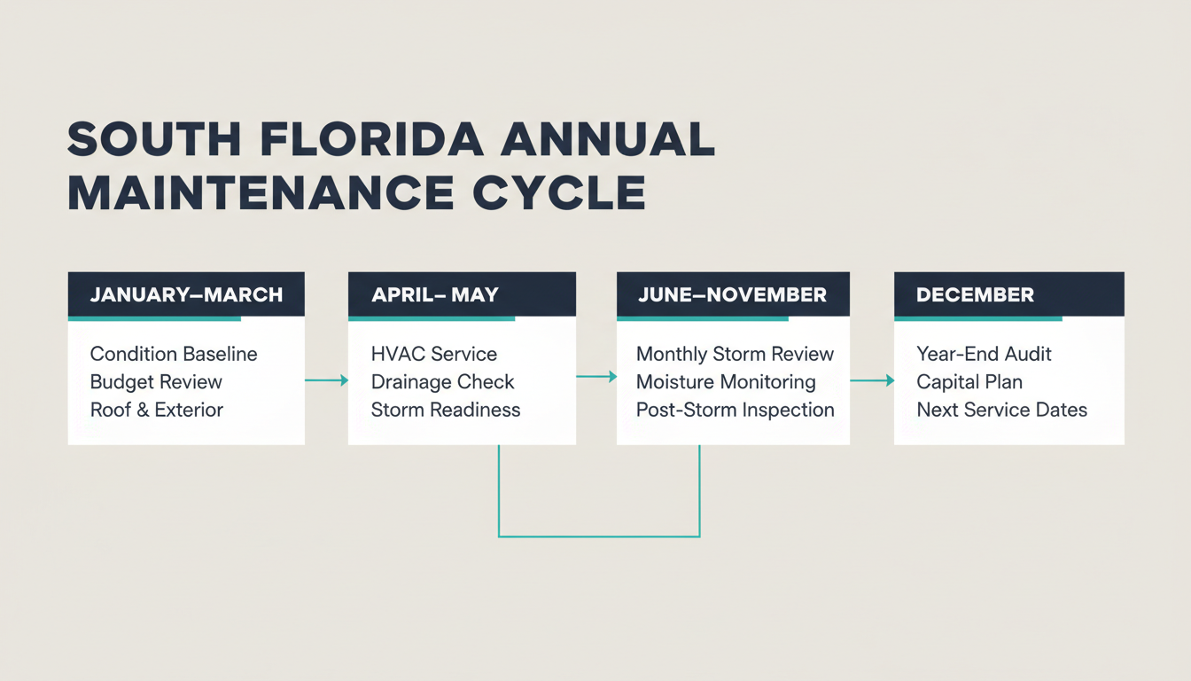 Annual South Florida rental property maintenance cycle from first-quarter baselines through storm preparation, in-season monitoring, and year-end capital planning