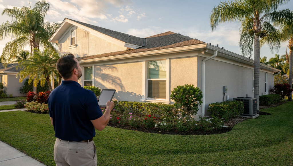 Property operations professional completing a scheduled exterior condition inspection at a South Florida rental property