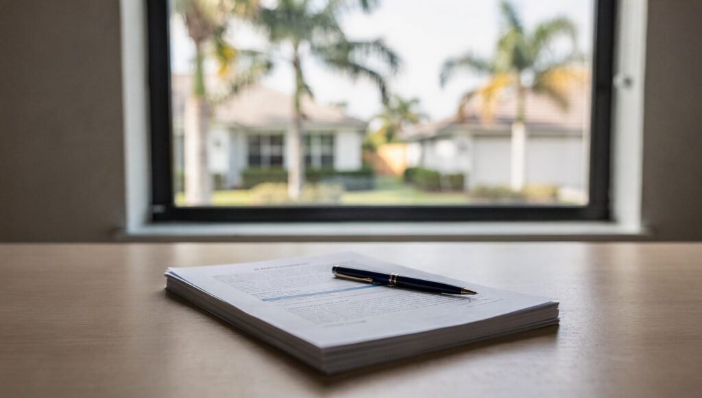 Property owner reviewing documents at a desk with a South Florida residential property visible outside, representing due diligence on a management company