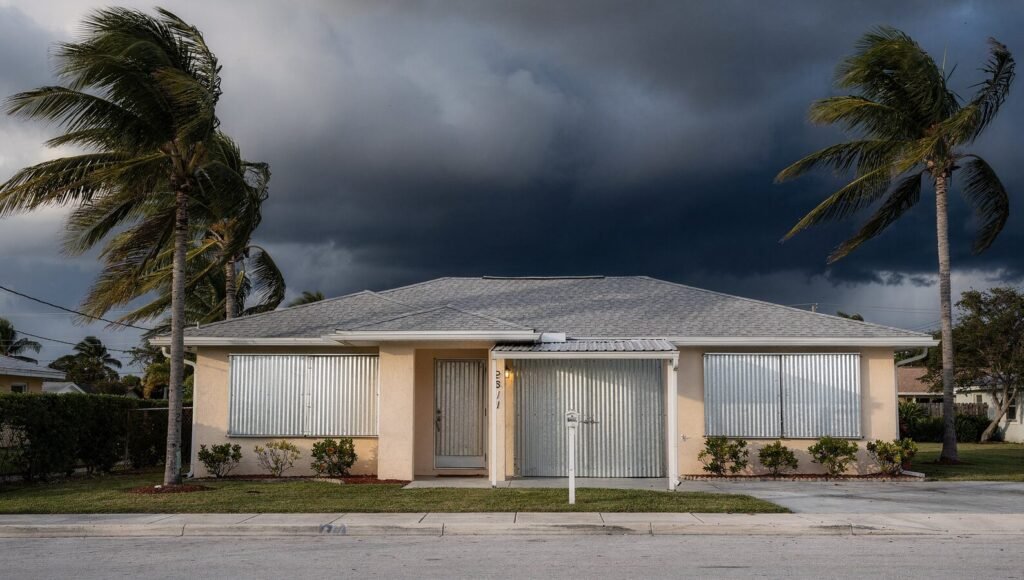 South Florida residential rental property with metal storm panels installed over windows under a darkening sky before a hurricane