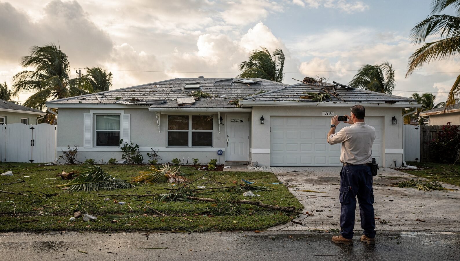 Inspector photographing storm damage on the exterior of a South Florida residential rental property after a hurricane