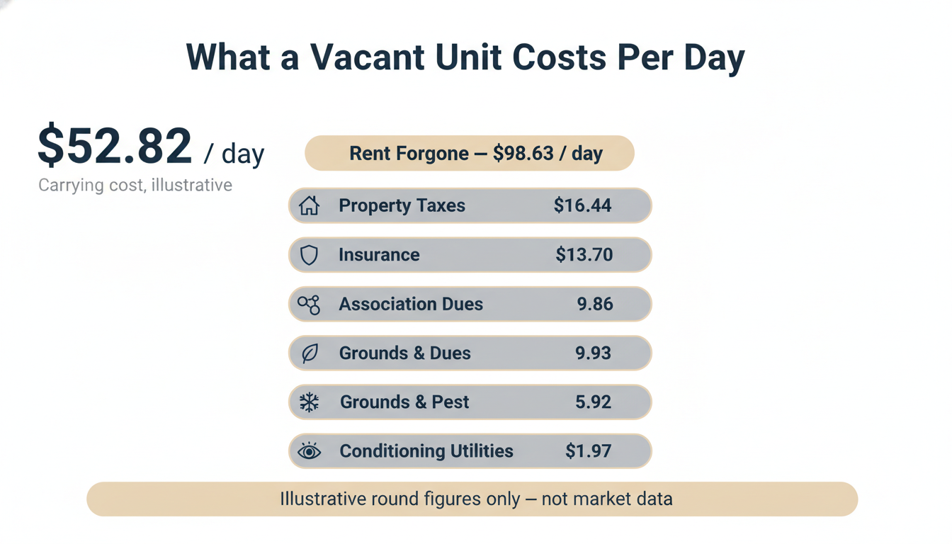 Illustrative daily carrying cost breakdown for a vacant South Florida rental showing taxes, insurance, association dues, grounds care, conditioning utilities, and monitoring