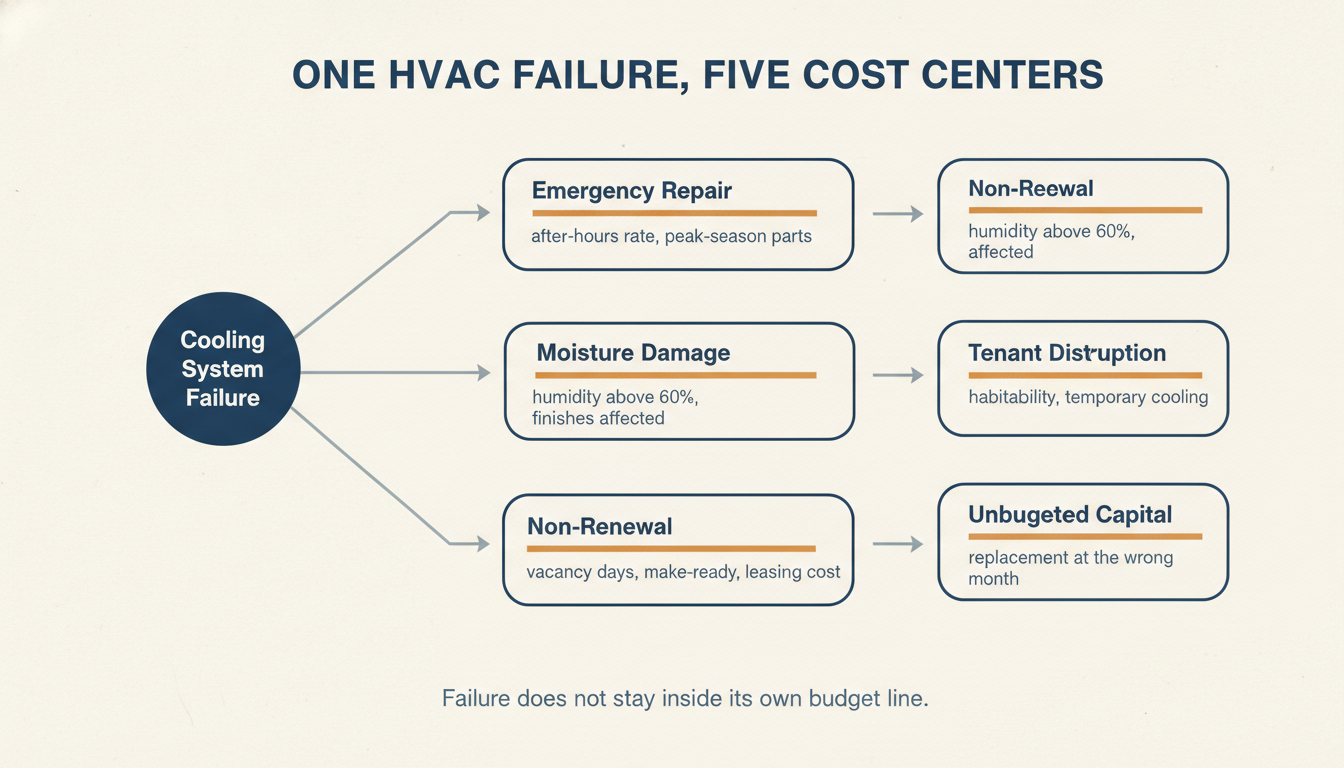 Diagram showing how a single HVAC failure in a South Florida rental cascades into moisture damage, tenant disruption, and unplanned capital spend
