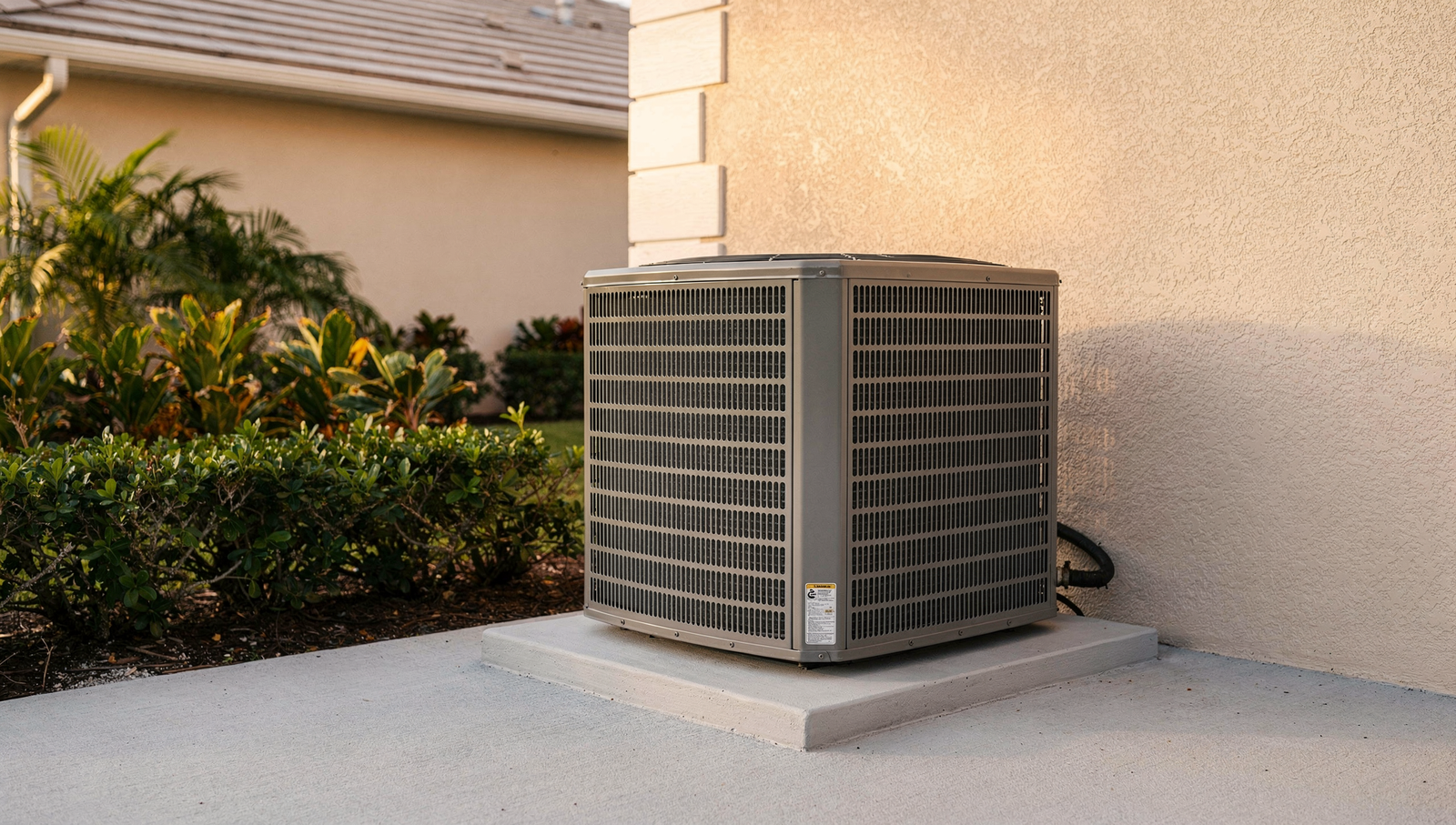 Outdoor air conditioning condenser with clear service clearance at a well-maintained South Florida residential rental property