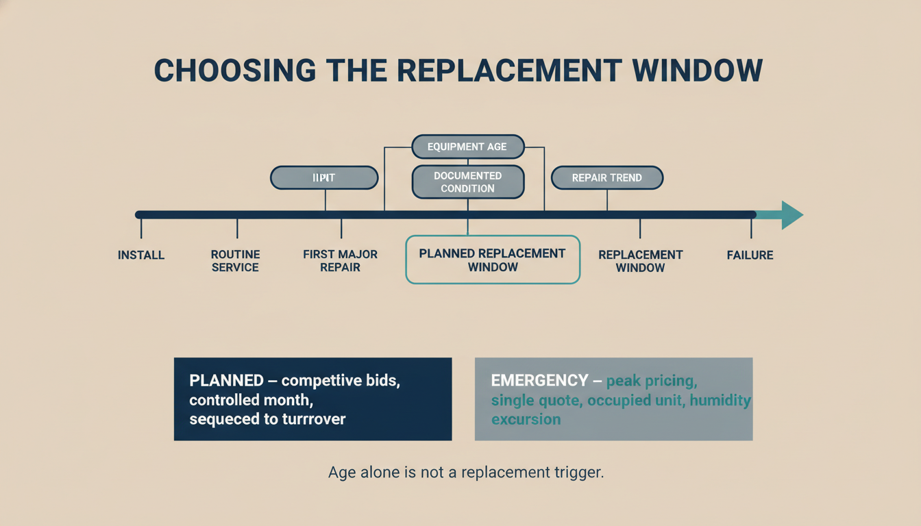Chart comparing emergency HVAC replacement with a planned replacement window based on equipment age, condition, and repair history