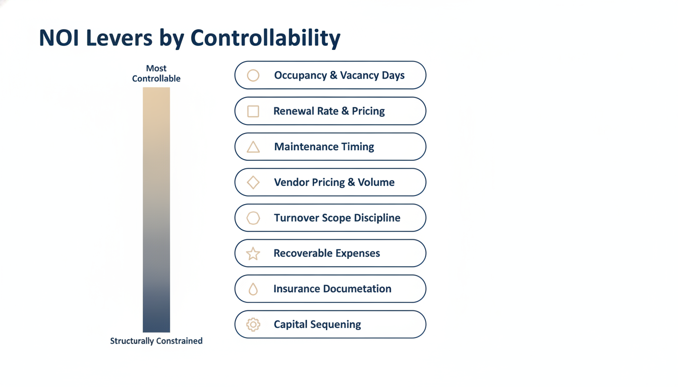 Eight NOI levers ranked by owner controllability from occupancy and renewals through maintenance timing, vendor pricing, turnover scope, recoveries, insurance documentation, and capital sequencing