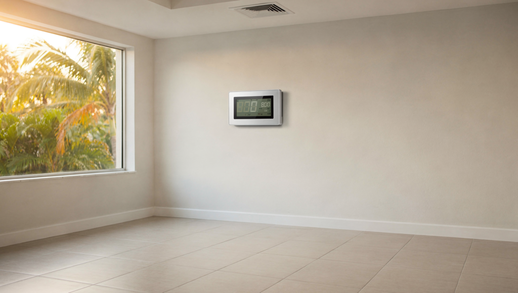 Interior of a South Florida rental property with a wall-mounted thermostat and humidity reading during a scheduled moisture condition check