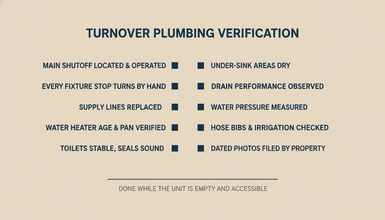 Turnover plumbing verification sequence for a vacant rental unit covering shutoffs, supply lines, water heater, toilets, drains, and documentation