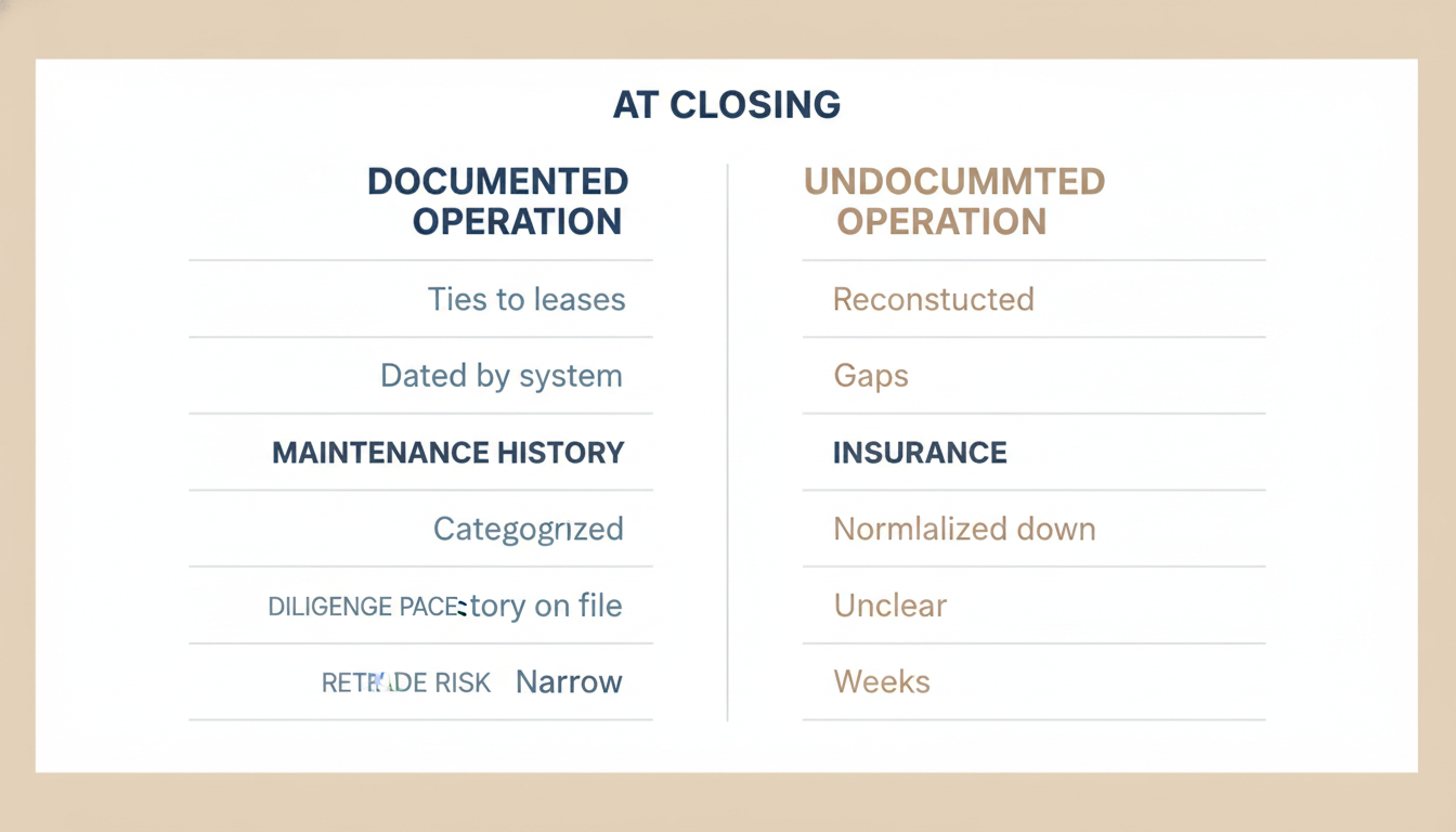 Comparison of documented and undocumented rental property operations across diligence speed, NOI credibility, retrade risk, and closing certainty