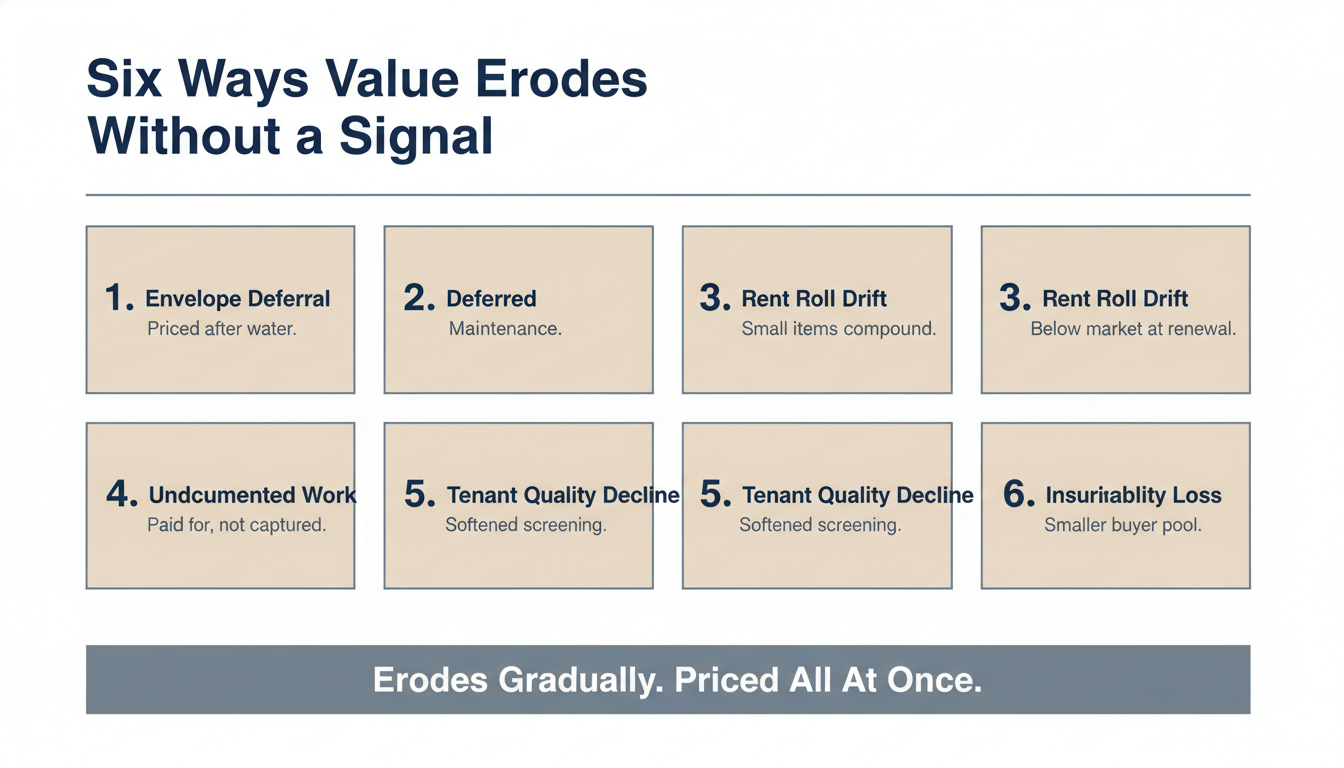 Six invisible value erosion patterns in passively owned rental property including envelope deferral, deferred maintenance accumulation, rent roll drift, undocumented capital work, tenant quality decline, and insurability deterioration