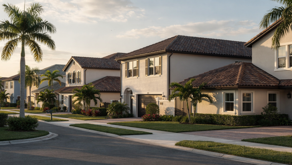 Well-maintained South Florida residential rental homes with clean roofs and trimmed landscaping in warm late-afternoon light