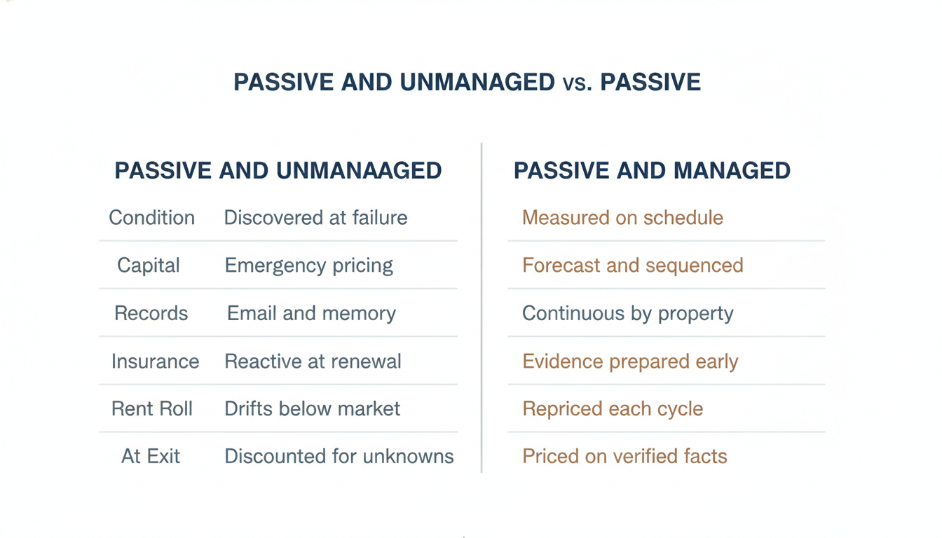 Comparison of passive unmanaged and passive managed rental property outcomes across a multi-year hold including condition, capital spend, insurability, rent roll, and exit pricing