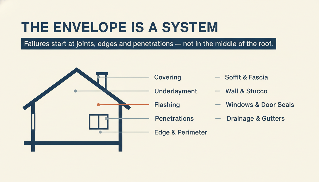 Diagram of the residential building envelope broken into roof covering, underlayment, flashing, penetrations, edge detail, soffits, walls, openings, and drainage