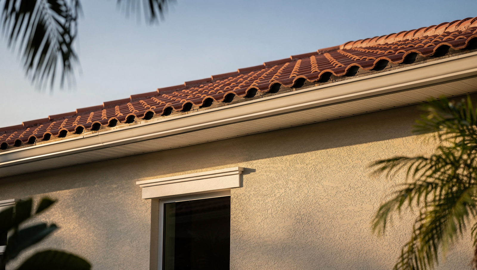 Tile roof edge, fascia, and stucco wall of a well-maintained South Florida residential rental property in warm afternoon light