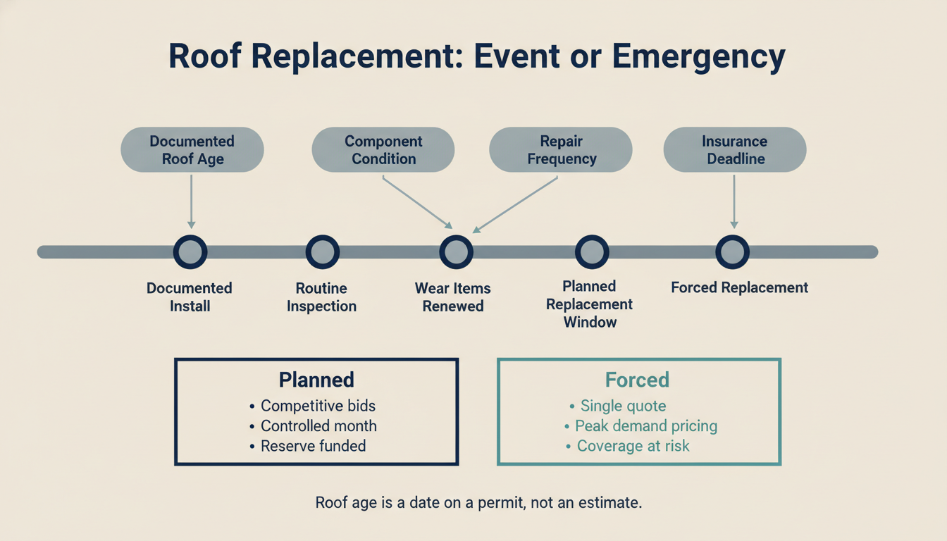 Timeline comparing an emergency roof replacement with a planned roof replacement window driven by age, condition, and insurance underwriting deadlines