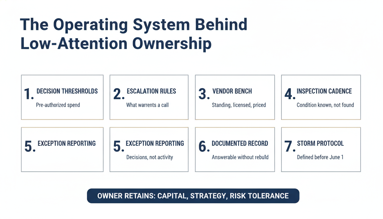 Seven operational components of low-attention rental property ownership including decision thresholds, escalation rules, vendor bench, inspection cadence, exception reporting, documentation, and storm protocol