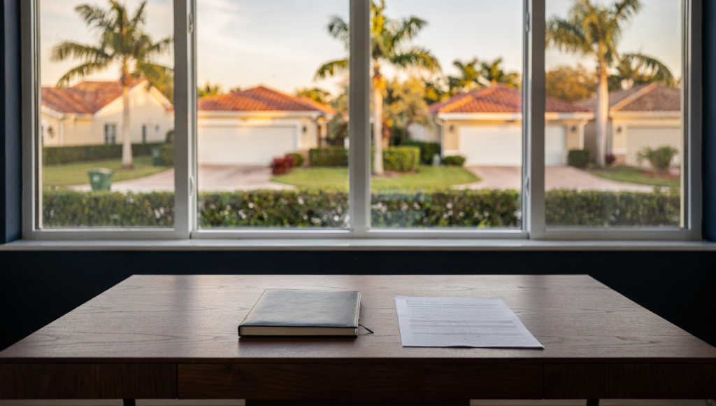 Organized home office desk with a portfolio condition summary overlooking South Florida residential rental properties at golden hour