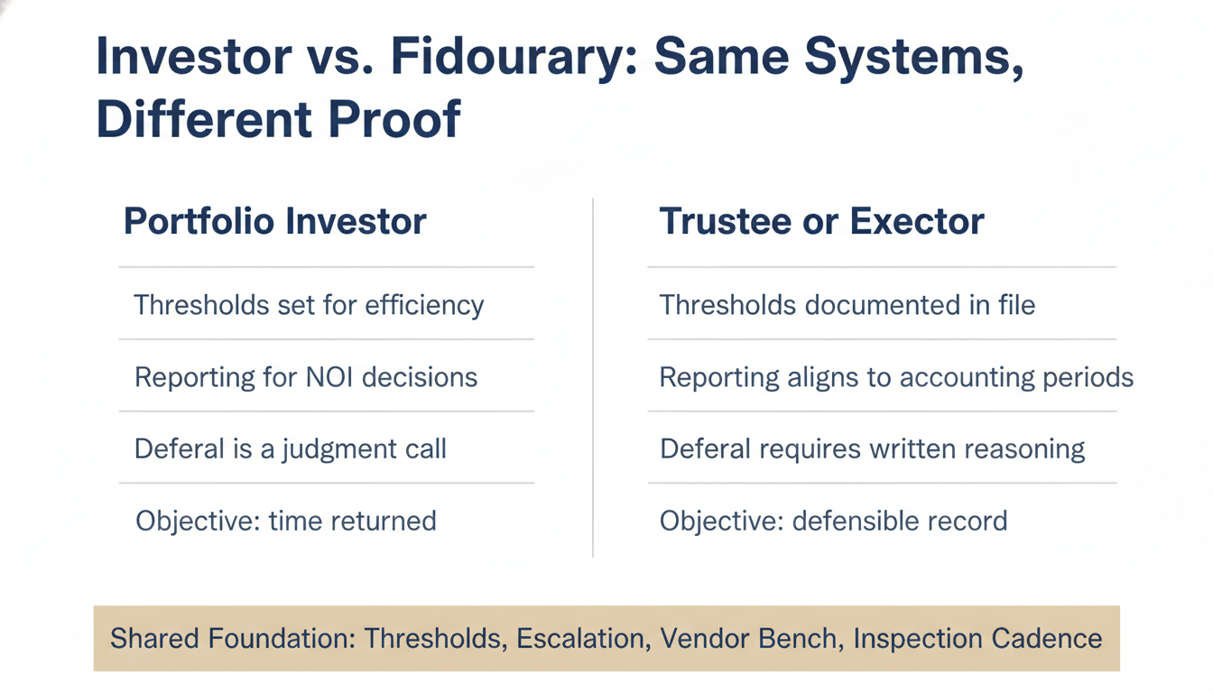 Comparison of investor and fiduciary requirements for low-attention ownership showing shared systems with added documentation and reporting standards for trustees and executors