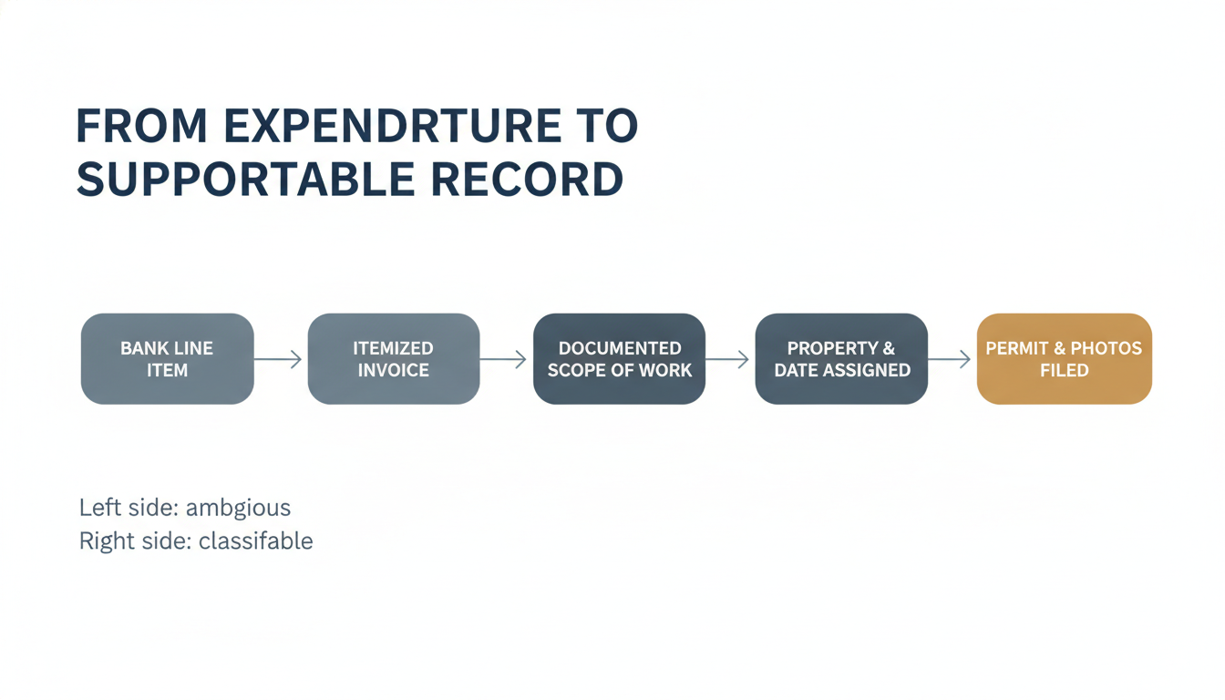 Chain from a single expenditure to a supportable tax classification through scope of work, property assignment, date, and permit documentation