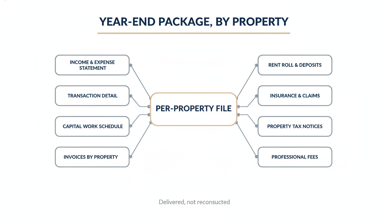 Contents of a year-end rental portfolio package delivered to a CPA organized by property